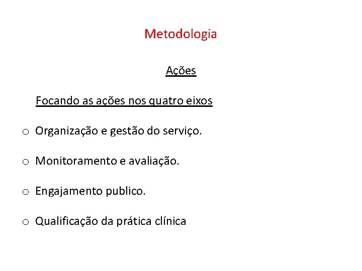 Metodologia Ações Focando as ações nos quatro eixos o Organização e gestão do serviço.