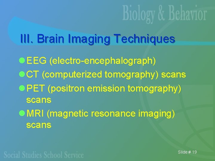 III. Brain Imaging Techniques l EEG (electro-encephalograph) l CT (computerized tomography) scans l PET