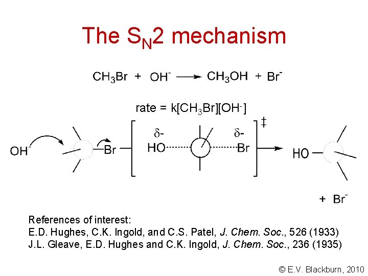 The SN 2 mechanism rate = k[CH 3 Br][OH-] References of interest: E. D.