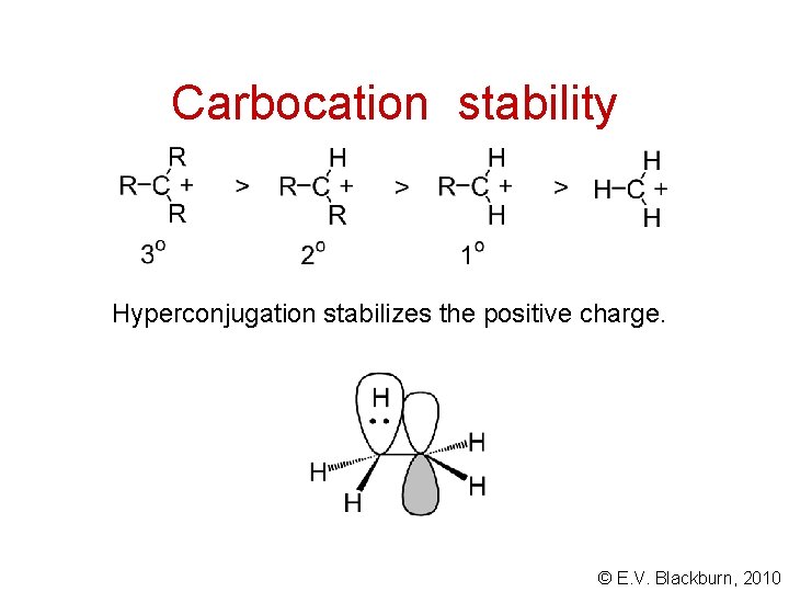 Carbocation stability Hyperconjugation stabilizes the positive charge. © E. V. Blackburn, 2010 