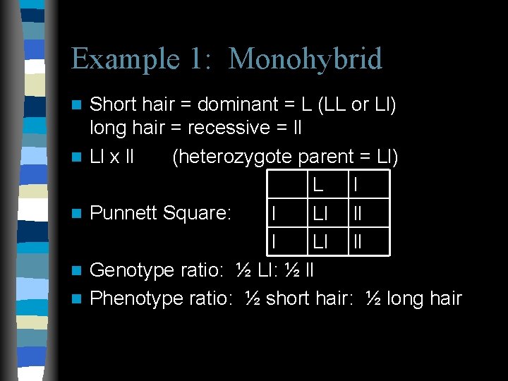 Example 1: Monohybrid n n n Short hair = dominant = L (LL or
