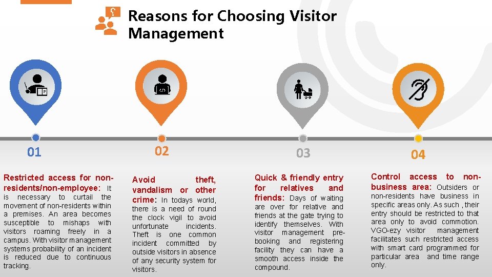 Reasons for Choosing Visitor Management 01 Restricted access for nonresidents/non-employee: It is necessary to
