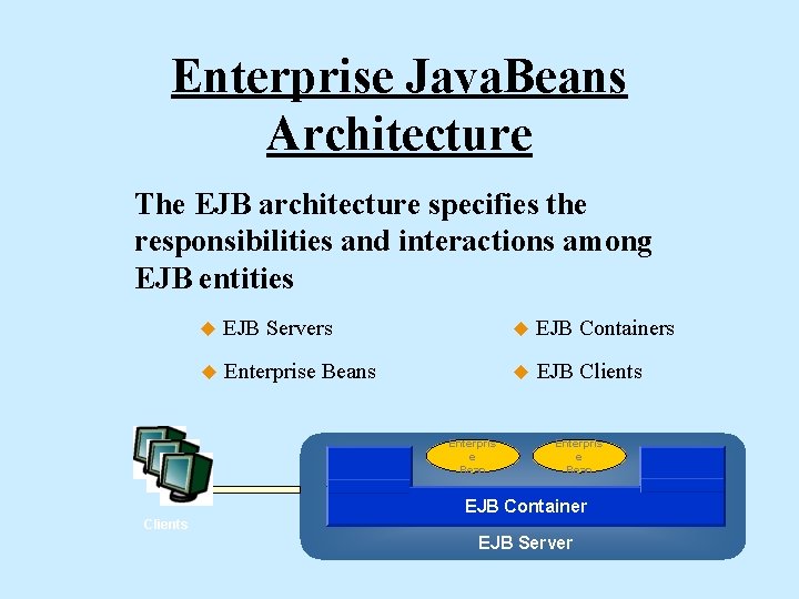 Enterprise Java. Beans Architecture The EJB architecture specifies the responsibilities and interactions among EJB