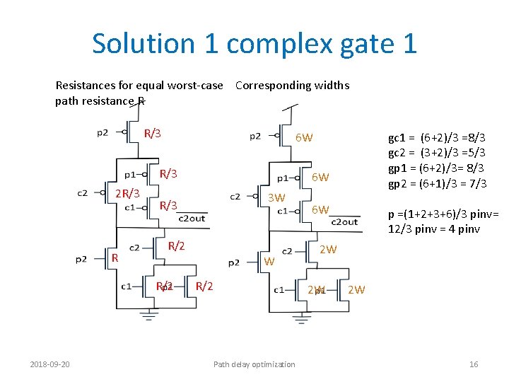 Solution 1 complex gate 1 Resistances for equal worst-case Corresponding widths path resistance R