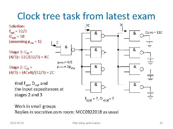 Clock tree task from latest exam Solution: fopt = 32/3 Dopt = 38 (assuming