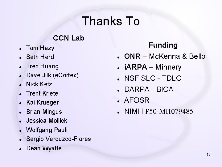Thanks To CCN Lab Tom Hazy Seth Herd Tren Huang Dave Jilk (e. Cortex)