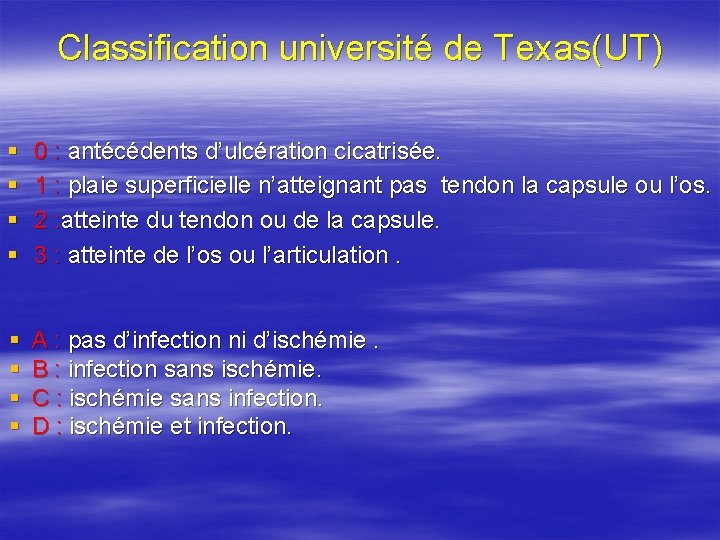 Classification université de Texas(UT) § § 0 : antécédents d’ulcération cicatrisée. 1 : plaie