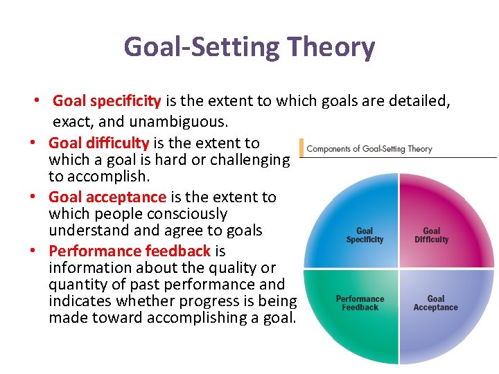 Goal-Setting Theory • Goal specificity is the extent to which goals are detailed, exact,