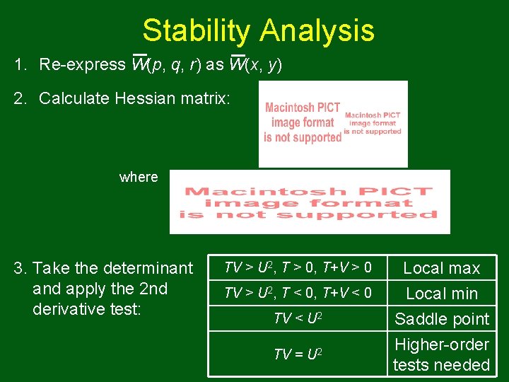 Stability Analysis 1. Re-express W(p, q, r) as W(x, y) 2. Calculate Hessian matrix: Stability Analysis 1. Re-express W(p, q, r) as W(x, y) 2. Calculate Hessian matrix: