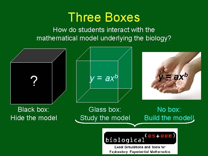 Three Boxes How do students interact with the mathematical model underlying the biology? ? Three Boxes How do students interact with the mathematical model underlying the biology? ?