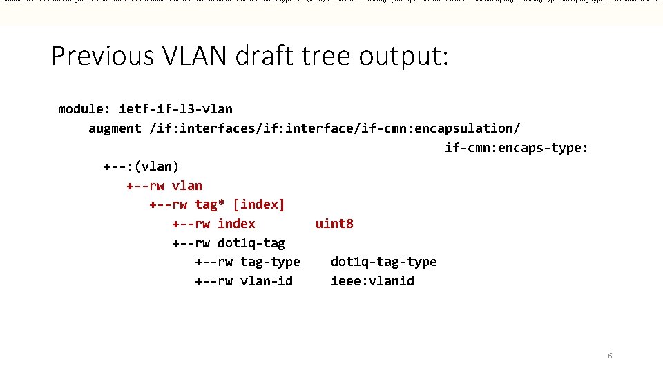 module: ietf-if-l 3 -vlan augment /if: interfaces/if: interface/if-cmn: encapsulation/ if-cmn: encaps-type: +--: (vlan) +--rw