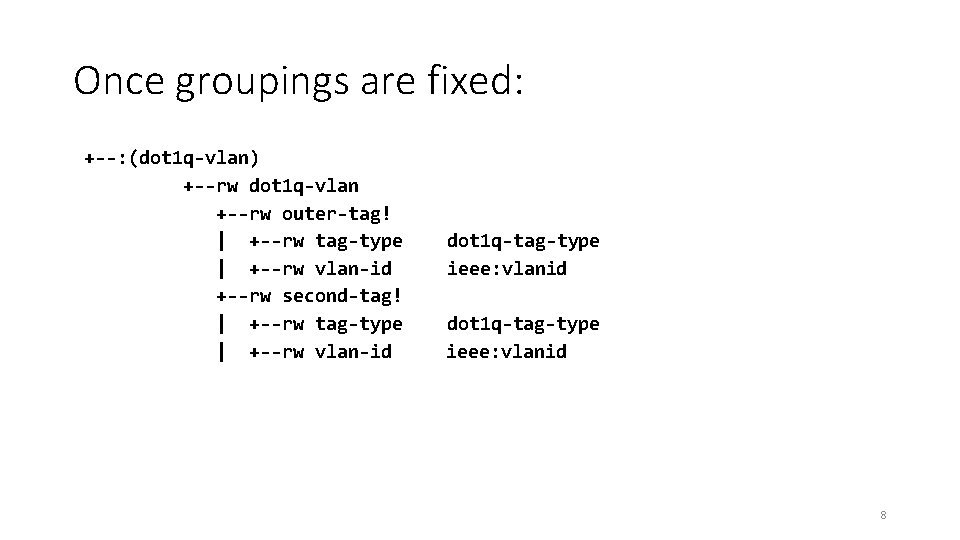 Once groupings are fixed: +--: (dot 1 q-vlan) +--rw dot 1 q-vlan +--rw outer-tag!