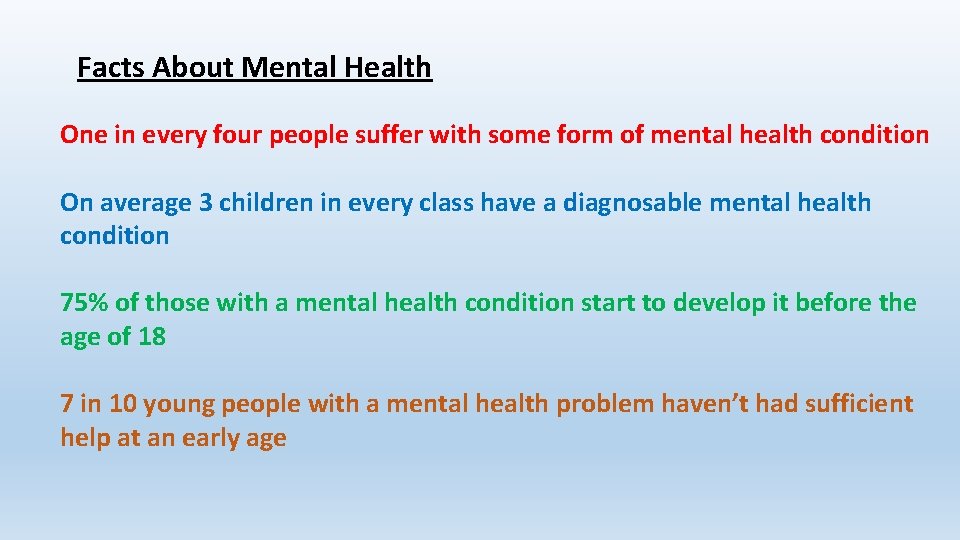 Facts About Mental Health One in every four people suffer with some form of