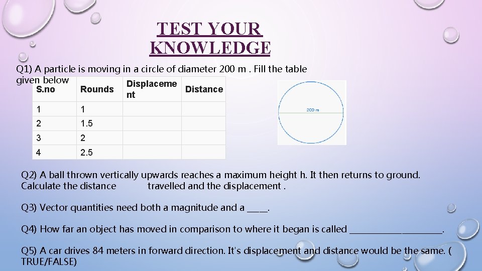 TEST YOUR KNOWLEDGE Q 1) A particle is moving in a circle of diameter