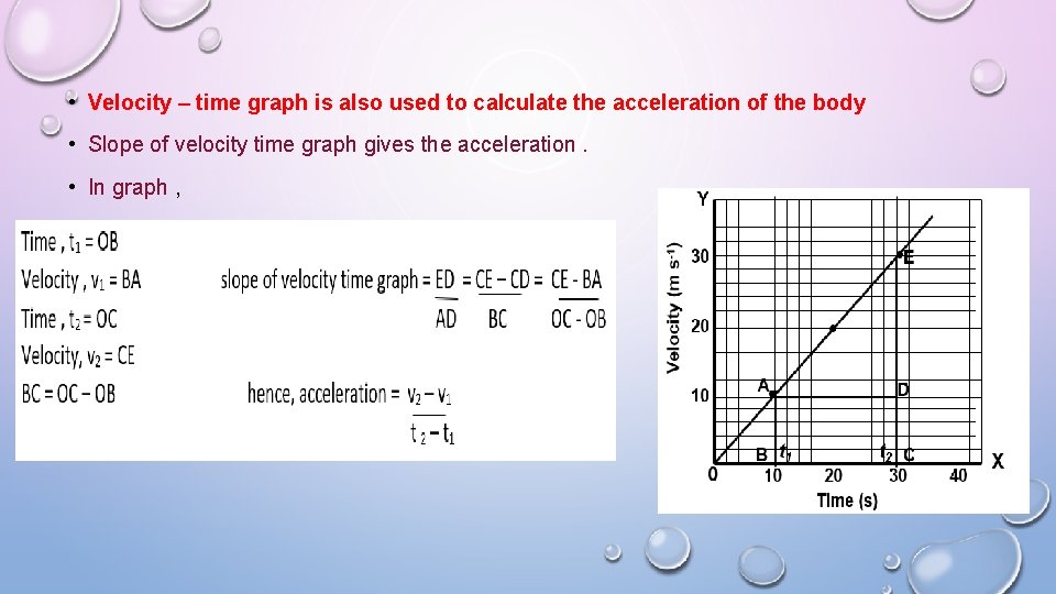  • Velocity – time graph is also used to calculate the acceleration of