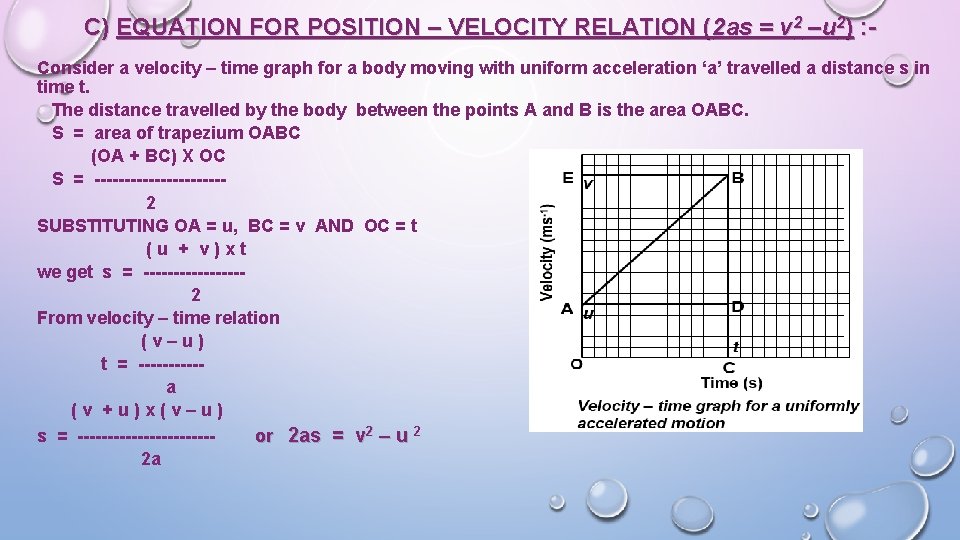 C) EQUATION FOR POSITION – VELOCITY RELATION (2 as = v 2 –u 2)