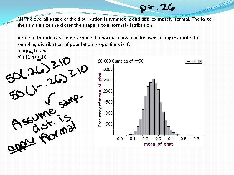 (1) The overall shape of the distribution is symmetric and approximately normal. The larger