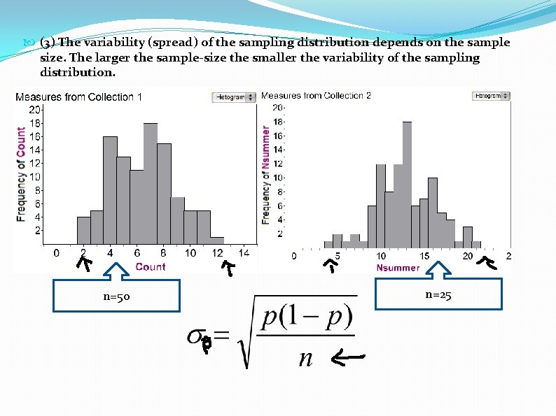  (3) The variability (spread) of the sampling distribution depends on the sample size.