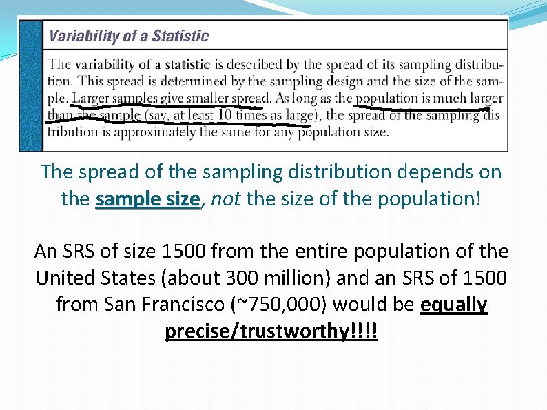 The spread of the sampling distribution depends on the sample size, size not the