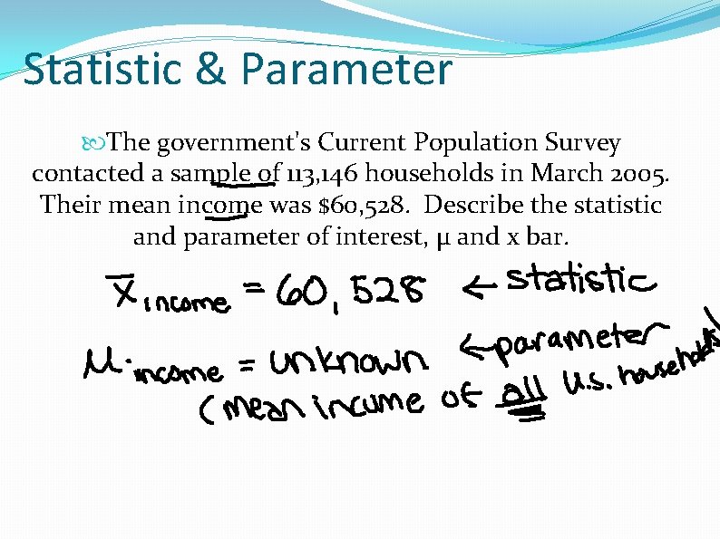 Statistic & Parameter The government's Current Population Survey contacted a sample of 113, 146
