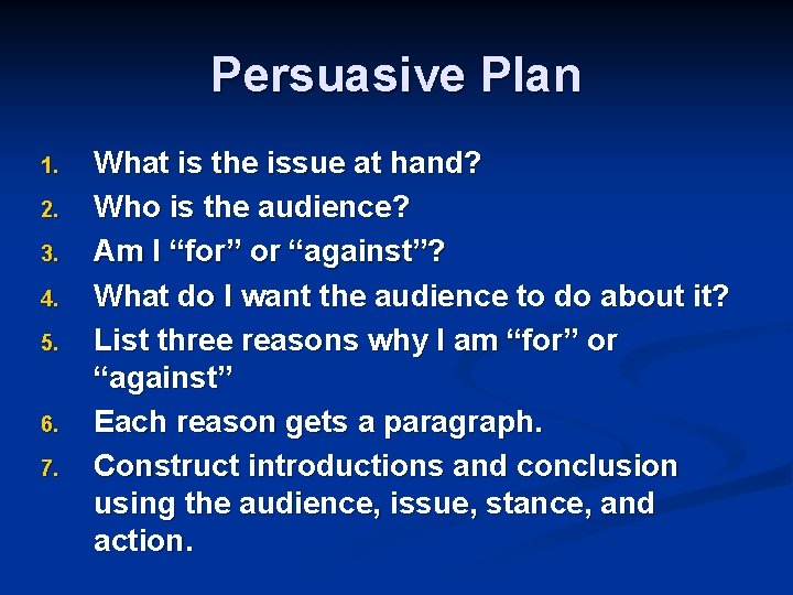 Persuasive Plan 1. 2. 3. 4. 5. 6. 7. What is the issue at