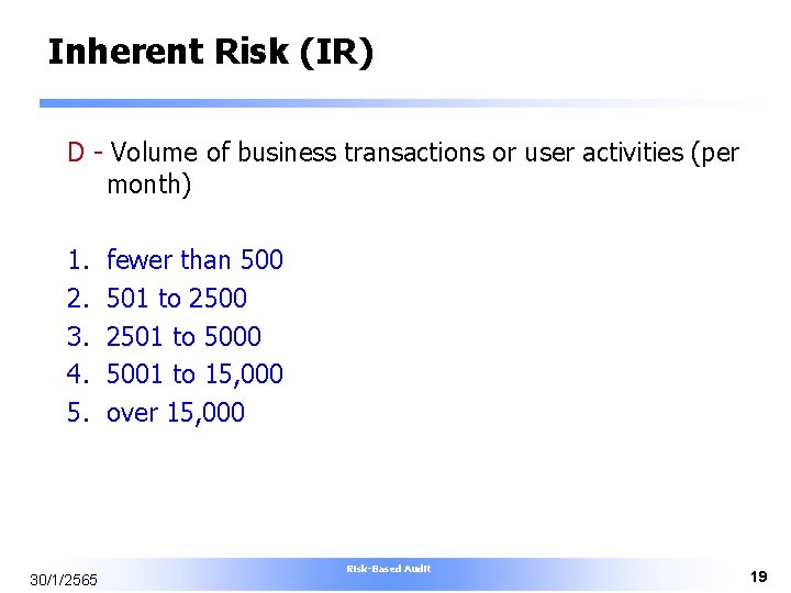 Inherent Risk (IR) D - Volume of business transactions or user activities (per month)