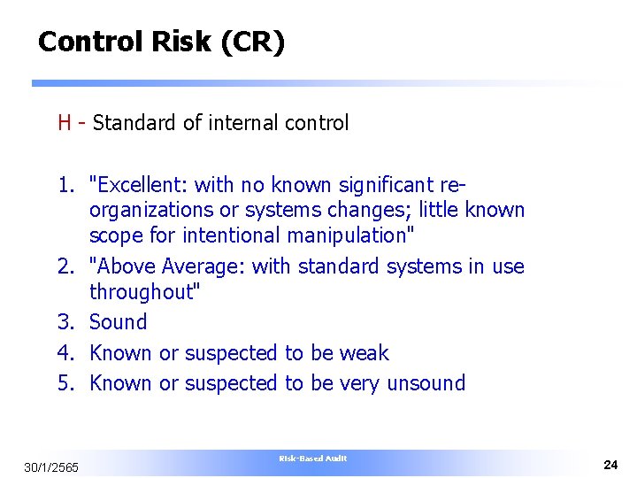 Control Risk (CR) H - Standard of internal control 1. "Excellent: with no known