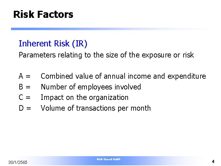 Risk Factors Inherent Risk (IR) Parameters relating to the size of the exposure or