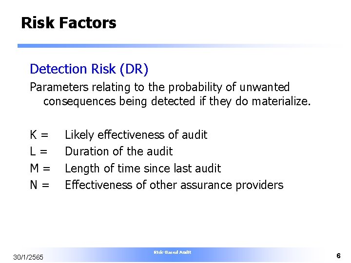 Risk Factors Detection Risk (DR) Parameters relating to the probability of unwanted consequences being