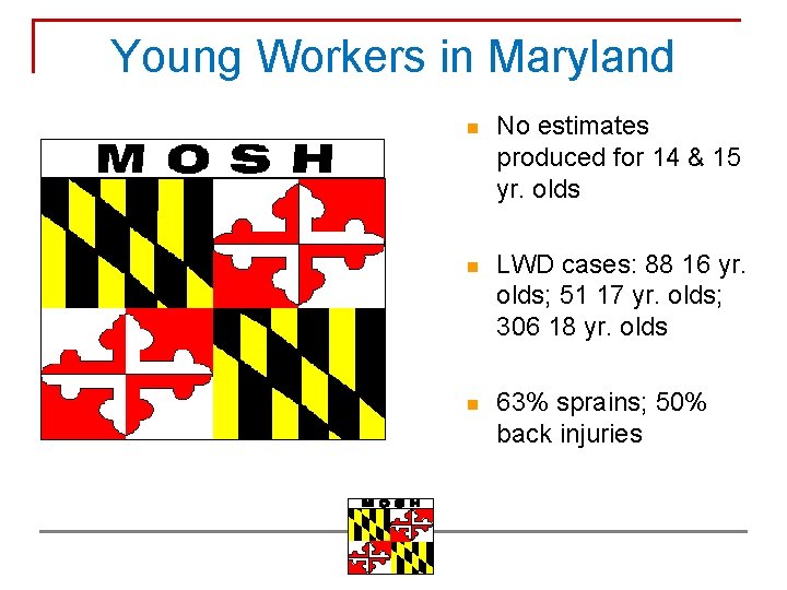 Young Workers in Maryland n No estimates produced for 14 & 15 yr. olds