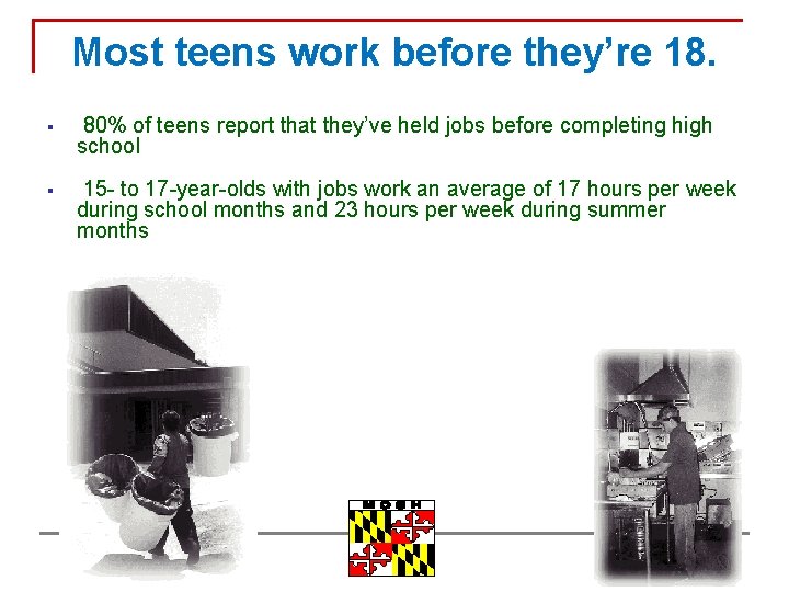 Most teens work before they’re 18. § 80% of teens report that they’ve held
