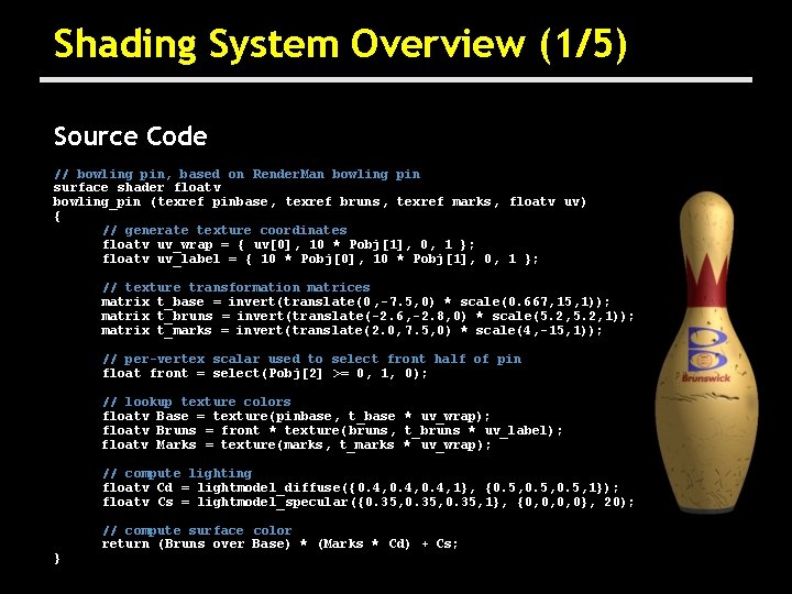 Shading System Overview (1/5) Source Code // bowling pin, based on Render. Man bowling