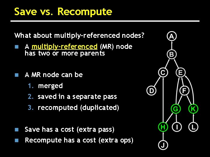 Save vs. Recompute What about multiply-referenced nodes? n A multiply-referenced (MR) node has two