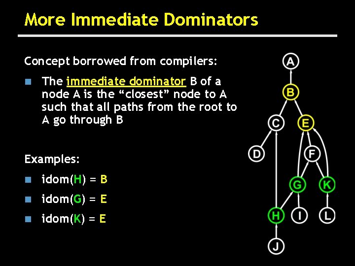 More Immediate Dominators Concept borrowed from compilers: n The immediate dominator B of a