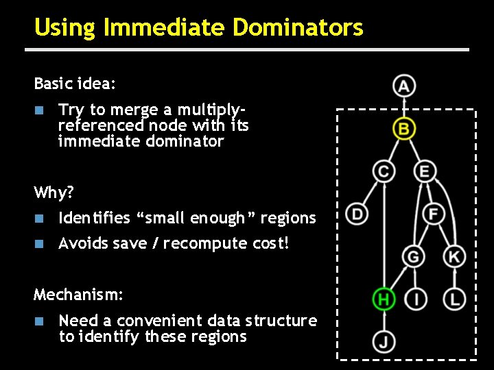 Using Immediate Dominators Basic idea: n Try to merge a multiplyreferenced node with its