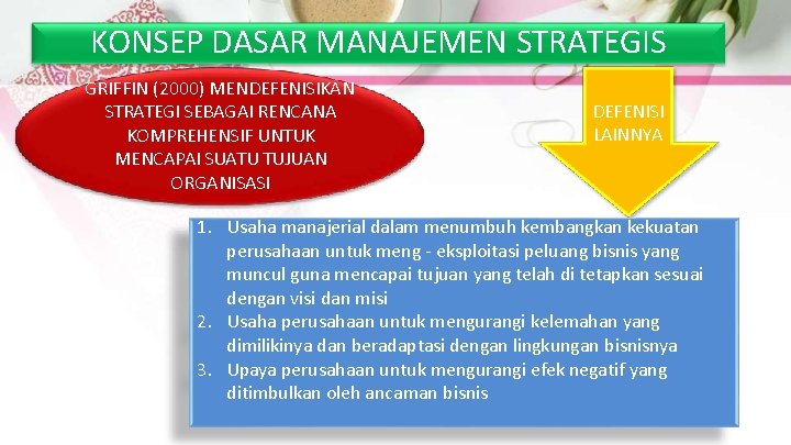 KONSEP DASAR MANAJEMEN STRATEGIS GRIFFIN (2000) MENDEFENISIKAN STRATEGI SEBAGAI RENCANA KOMPREHENSIF UNTUK MENCAPAI SUATU