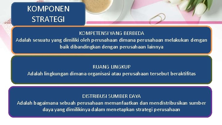 KOMPONEN STRATEGI KOMPETENSI YANG BERBEDA Adalah sesuatu yang dimiliki oleh perusahaan dimana perusahaan melakukan