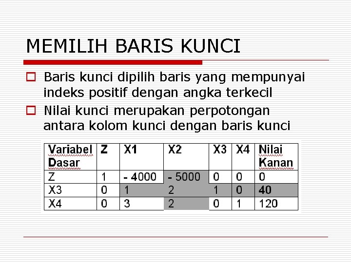 MEMILIH BARIS KUNCI o Baris kunci dipilih baris yang mempunyai indeks positif dengan angka