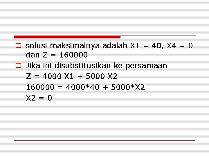 o solusi maksimalnya adalah X 1 = 40, X 4 = 0 dan Z