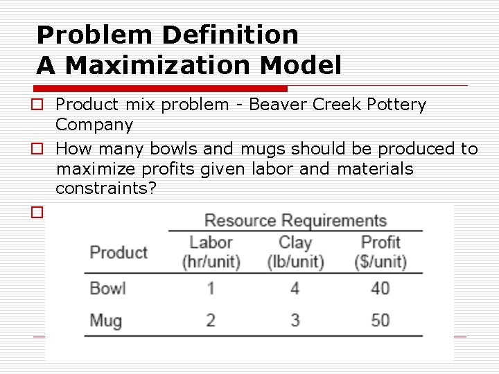 Problem Definition A Maximization Model o Product mix problem - Beaver Creek Pottery Company