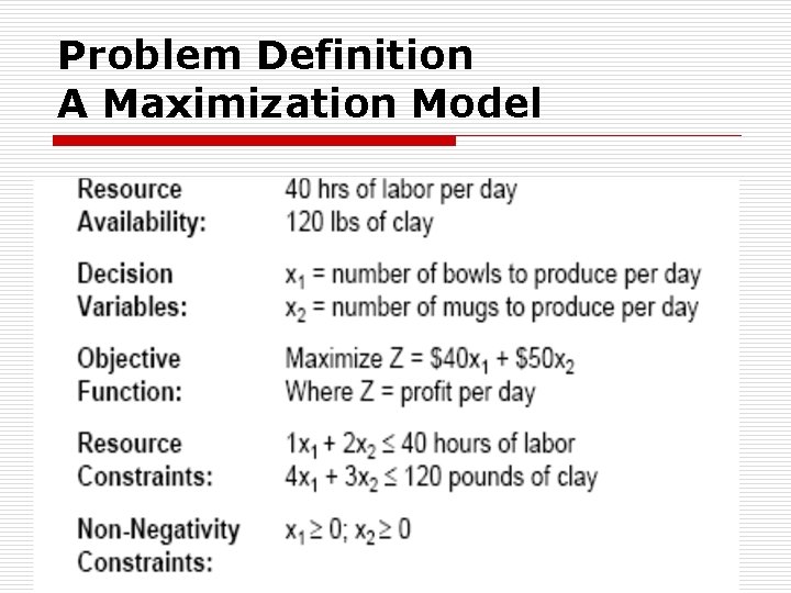 Problem Definition A Maximization Model 