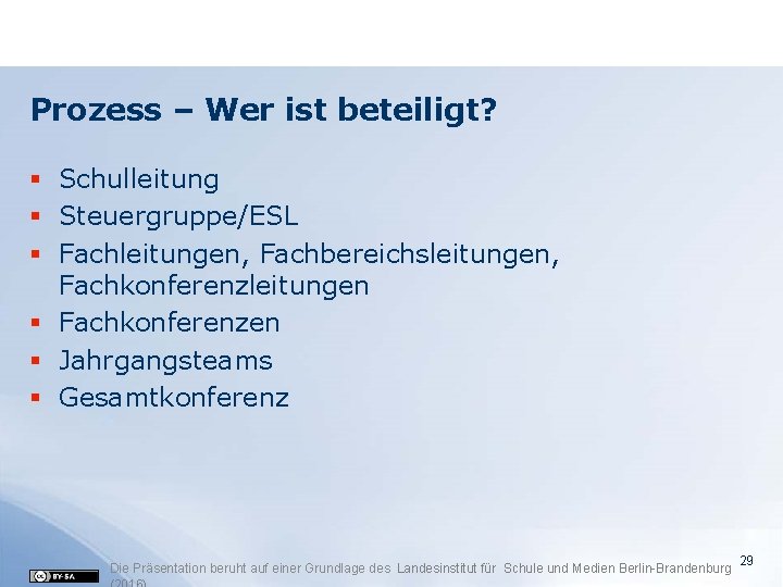 Prozess – Wer ist beteiligt? § Schulleitung § Steuergruppe/ESL § Fachleitungen, Fachbereichsleitungen, Fachkonferenzleitungen §