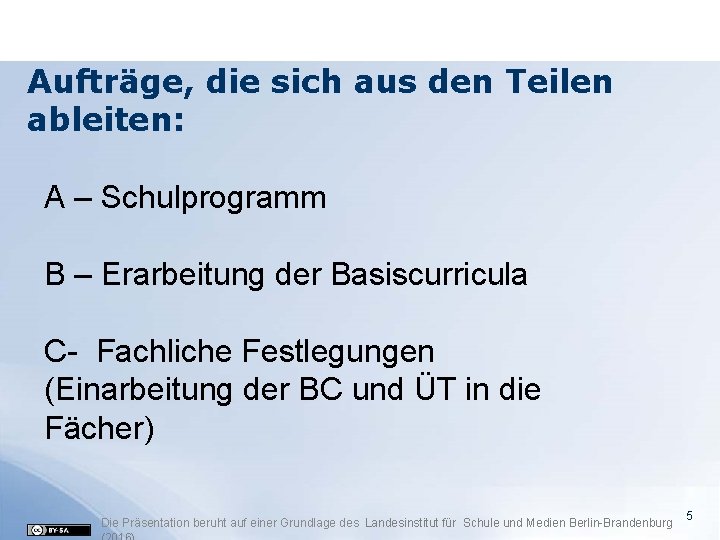 Aufträge, die sich aus den Teilen ableiten: A – Schulprogramm B – Erarbeitung der