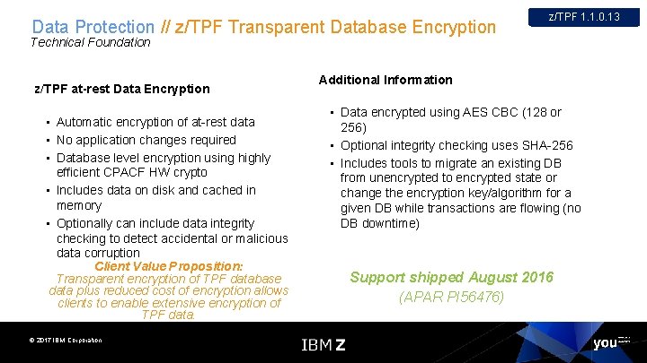 Data Protection // z/TPF Transparent Database Encryption z/TPF 1. 1. 0. 13 Technical Foundation