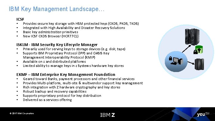 IBM Key Management Landscape… ICSF • • Provides secure key storage with HSM protected