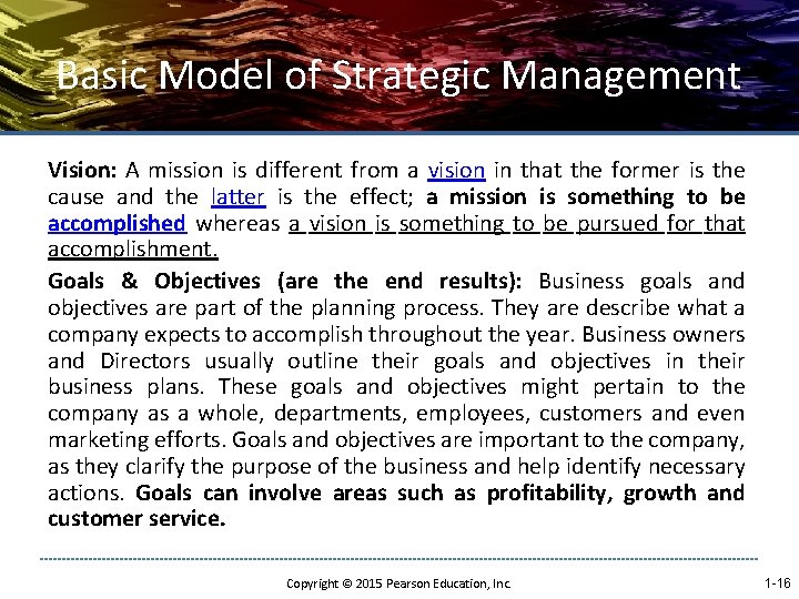 Basic Model of Strategic Management Vision: A mission is different from a vision in
