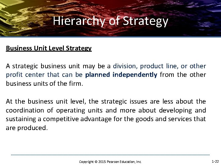 Hierarchy of Strategy Business Unit Level Strategy A strategic business unit may be a