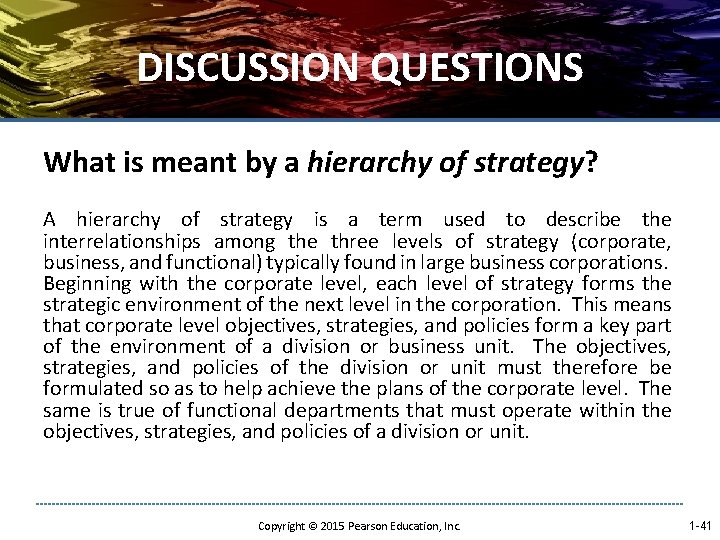 DISCUSSION QUESTIONS What is meant by a hierarchy of strategy? A hierarchy of strategy