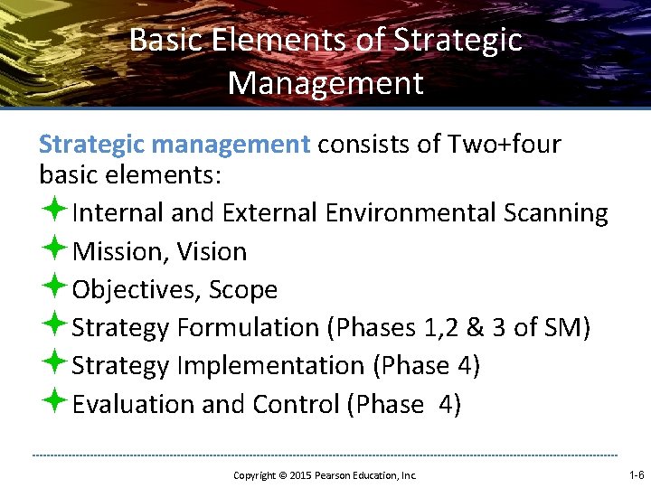Basic Elements of Strategic Management Strategic management consists of Two+four basic elements: ªInternal and