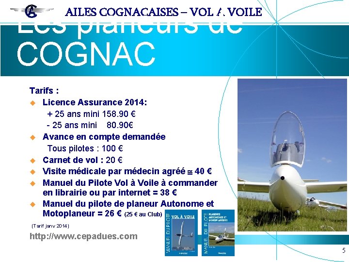 Les planeurs de COGNAC AILES COGNACAISES – VOL A VOILE Tarifs : u Licence